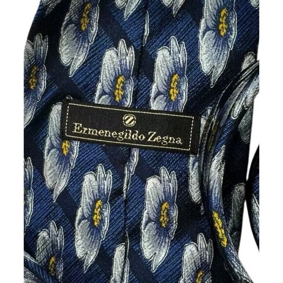 ERMENEGILDO ZEGNA Men's 100% Silk Necktie LUXURY Tie Blue Floral W:3.8" EUC - Picture 2 of 6